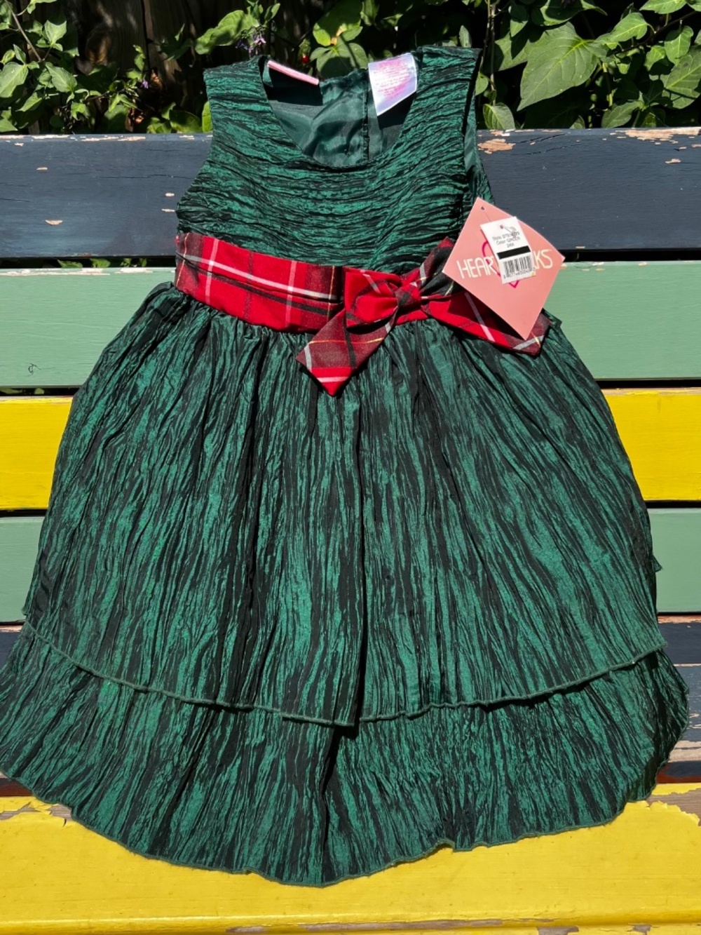 NWT Heartworks sparkly green with red tartan bow belt dress size 24MO
